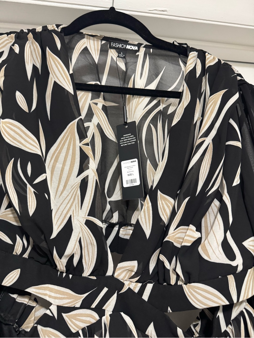 Fashion Nova Black Sheer Maxi Dress with Cream Leaf Print - Picture 4 of 12